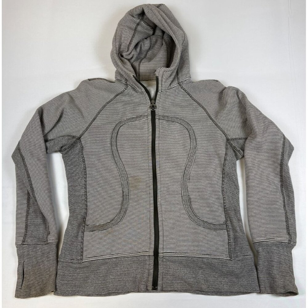 Lululemon Women Striped Full Zip Scuba Hoodie Grey White Size 8 Thumbholes